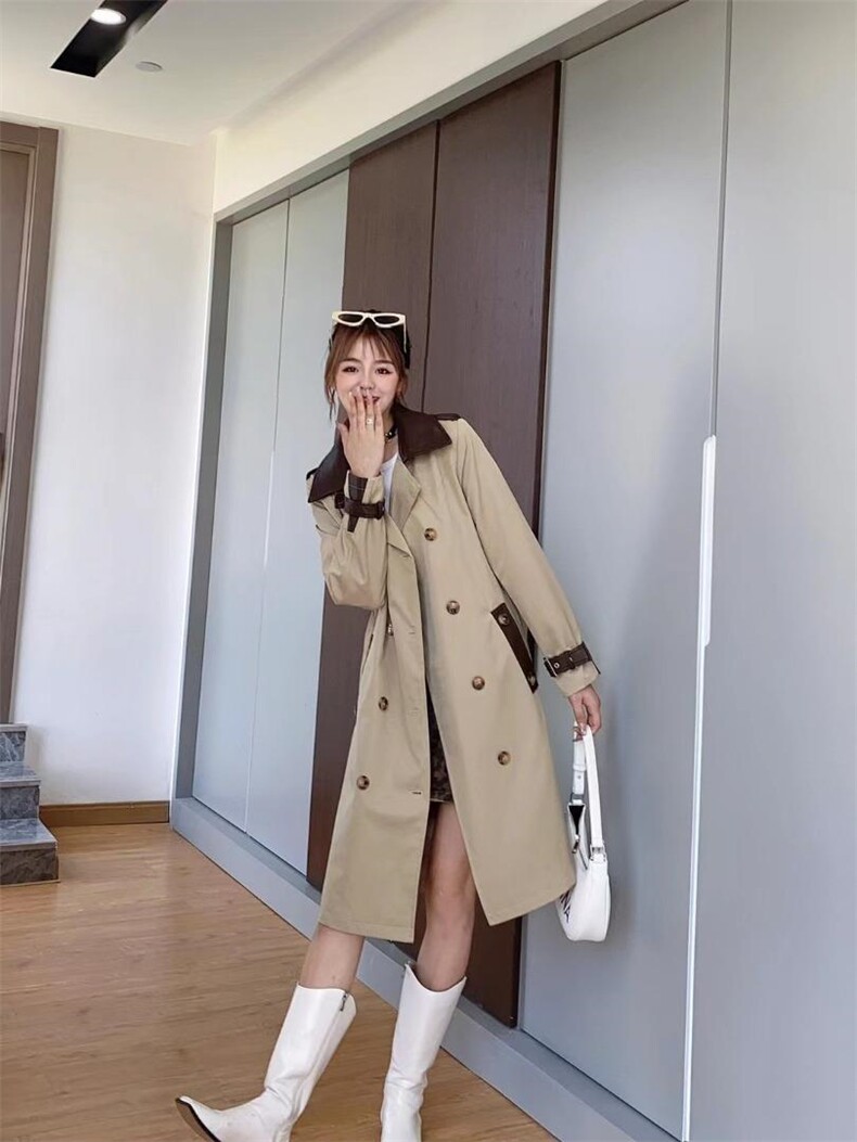 现货秋装新款拼皮风衣，女装风衣，艾涵o