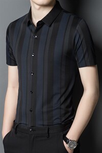 2023夏季新款男士短袖衬衫商务休闲条纹内搭外穿中年男装衬衣外套图片