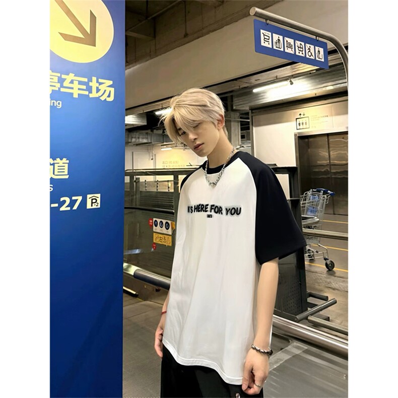 抖音得物供货240克宽松纯棉美式潮牌印花插肩袖拼接短袖T恤AT1506图片