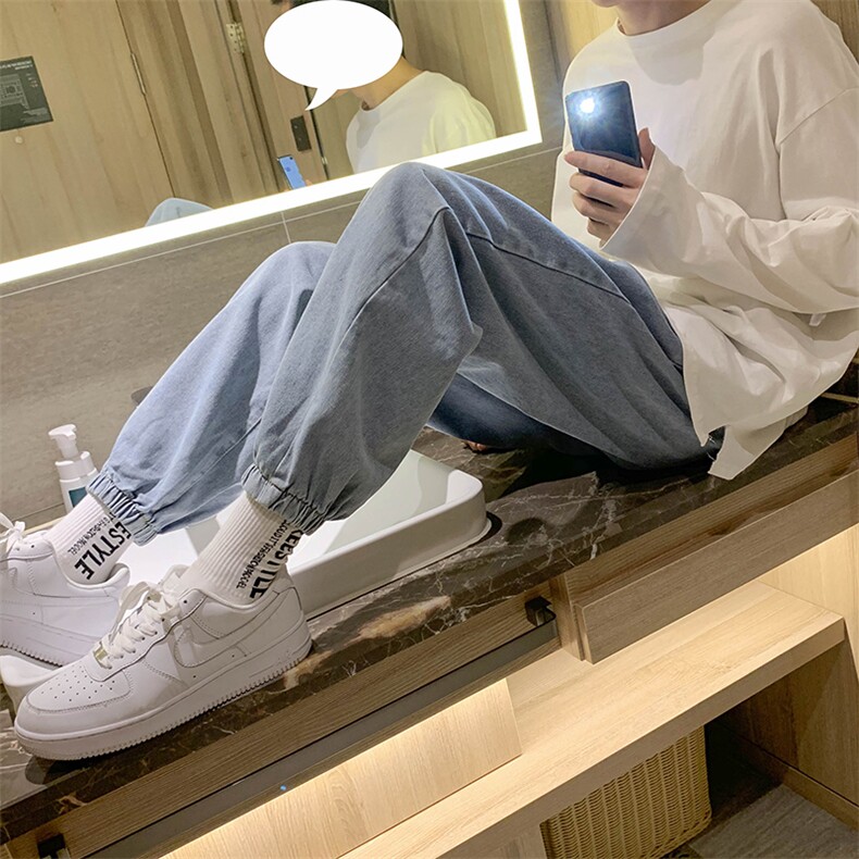 纯色牛仔裤男直筒宽松夏季九分老爹长裤子男韩版潮流束脚阔腿简约,男装牛仔裤,电商D321-1