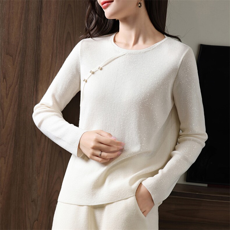 针织衫女圆领羊毛衫秋冬宽松侧扣毛衣长袖内搭打底衫，女装羊毛衫，江南羊绒