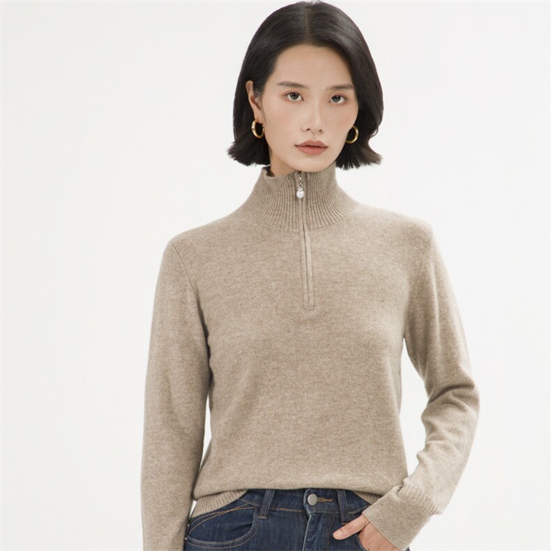秋冬新款休闲拉链立领山羊绒衫女羊毛长袖套头宽松显瘦毛衣针织衫,女装羊绒衫,巾兮羊绒