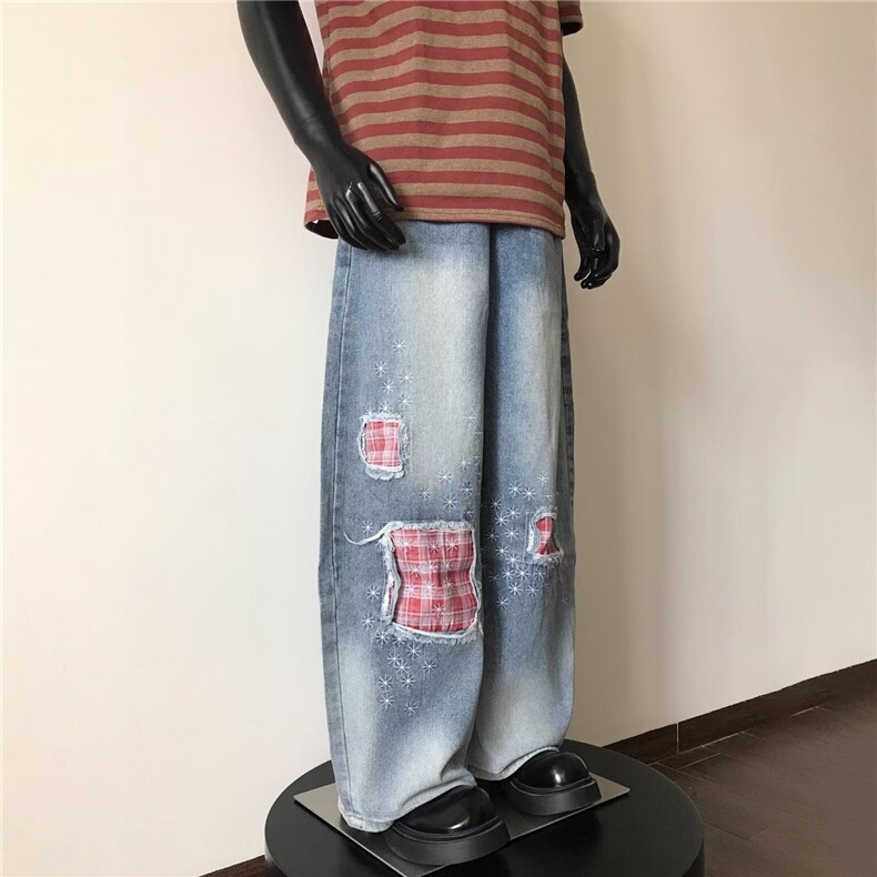1506/QB1670/P57小众设计破洞补丁子拼接宽松阔腿微喇直筒裤子,男装休闲裤,星座1506