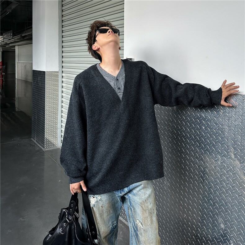 深灰色假两件V领毛衣男款秋冬美式覆古针织衫老钱风慵懒开衫外套,男装针织衫/毛衣,星座601-1