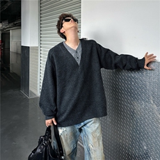 深灰色假两件V领毛衣男款秋冬美式覆古针织衫老钱风慵懒开衫外套，男装针织衫/毛衣，星座601-1