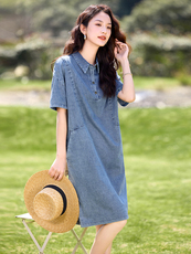 夏装休闲宽松中长款短袖连衣裙，女装连衣裙，文熹诺