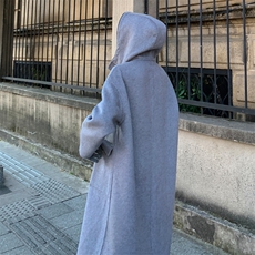 现货新款双面羊毛呢正反两穿连帽休闲羊毛大衣女风衣，女装毛呢外套，丝露怡语