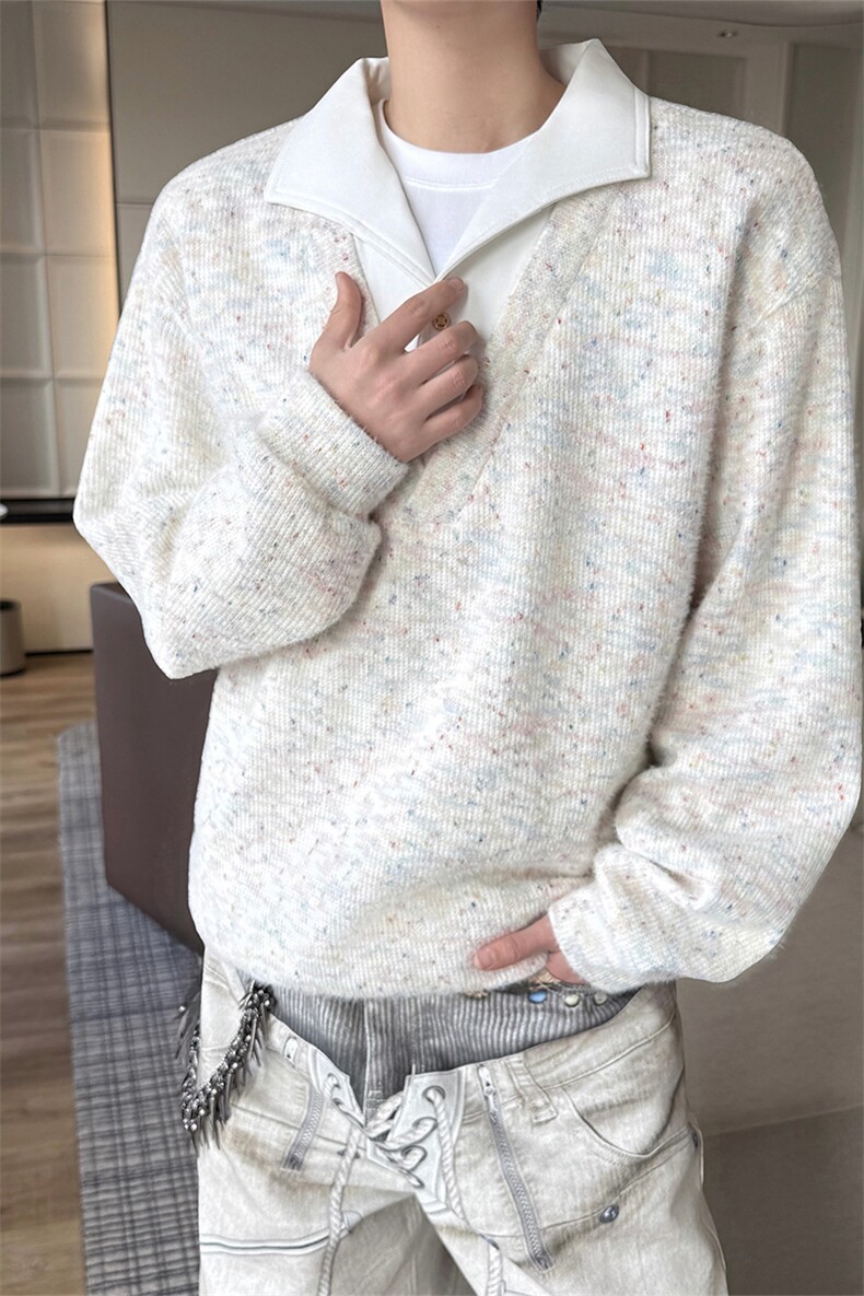 美式男士卫衣慵懒风彩点假两件翻领毛衣外衣宽松休闲针织衫,男装针织衫/毛衣,电商B319