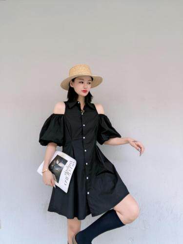 韩版漏肩泡泡袖连衣裙，女装连衣裙，玩美