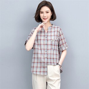 2022年夏季新款短袖衬衣格子衬衫女时尚韩版上衣潮图片