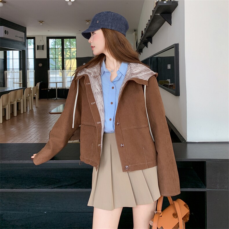 焦糖色设计款抽绳连帽短款外套女2025秋季新款慵懒高级感宽松外套,女装短外套,帛锦泉