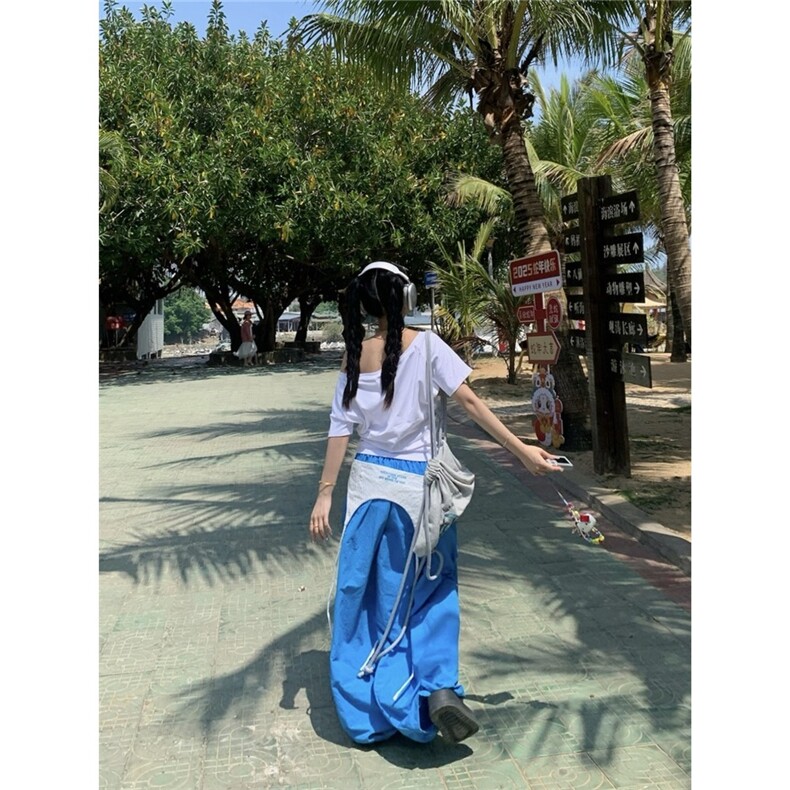 美式街头屁帘飘带设计多色长裤夏季宽松阔腿休闲打褶堆积感裤子潮,男装休闲裤,星座1210-1