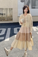 撞色拼接碎花连衣裙套装女2025夏季新款小众系带开衫吊带裙两件套，女装套装/套裙，2C176