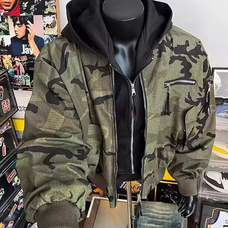 W10947-P108网图现货美式假两件连帽迷彩外套工装棒球服棉衣潮,男装棉衣,星座1608