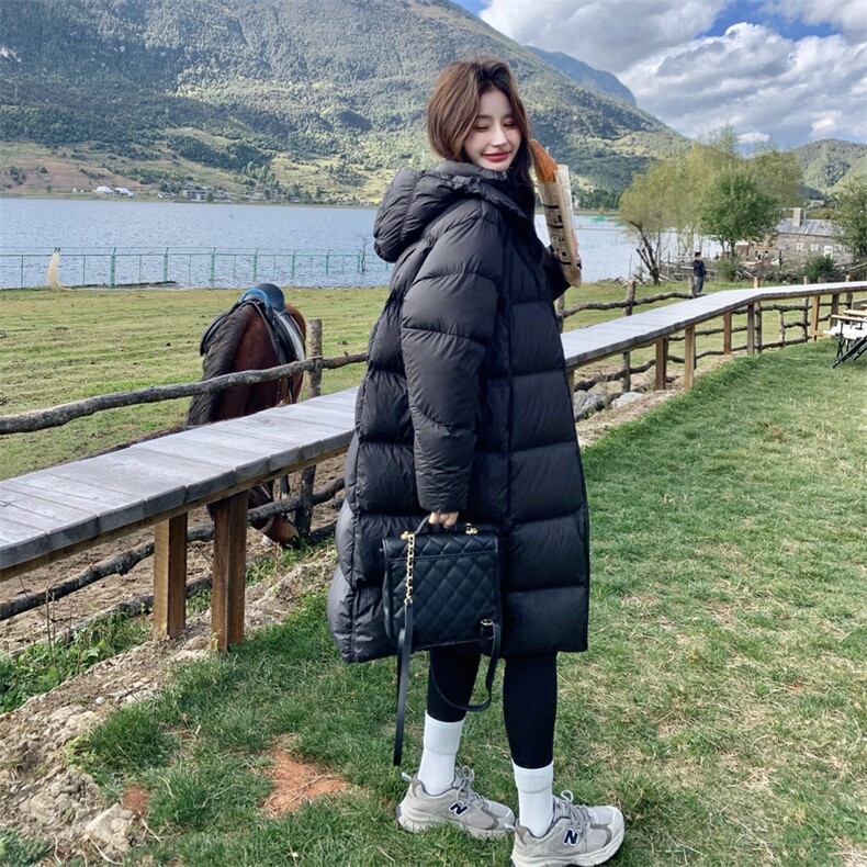 黑色长款连帽羽绒服女冬季2025新款韩系高级感加厚保暖白鸭绒外套,女装羽绒服,2C168