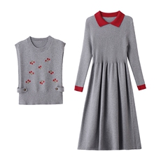 新款女装秋冬季刺绣针织马甲连衣裙两件套，女装套装/套裙，依多米