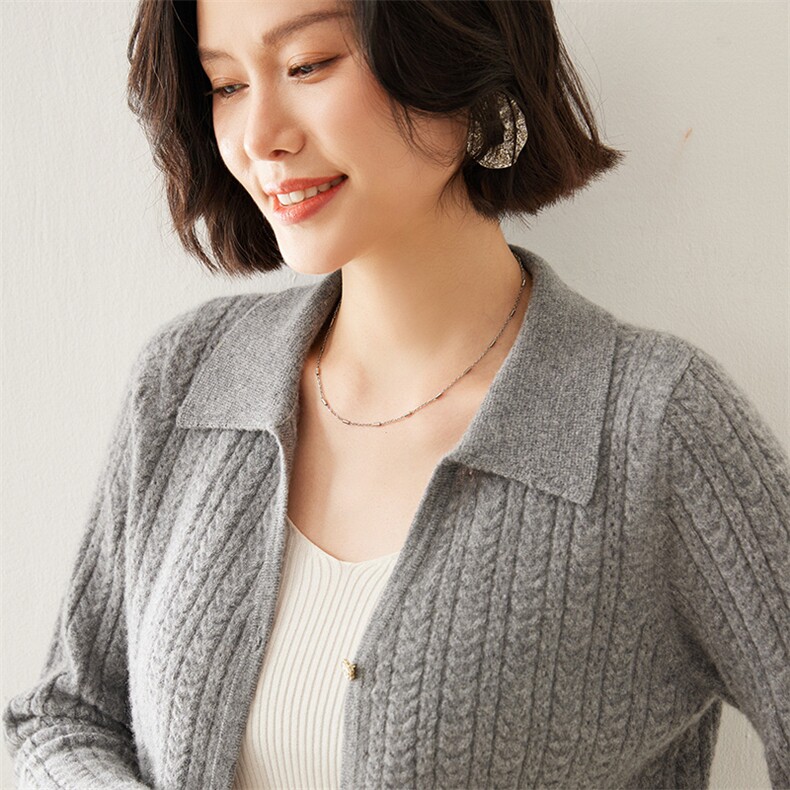 翻领新款秋季韩版宽松慵懒风针织35%羊绒衫,女装羊绒衫,七柒羊绒