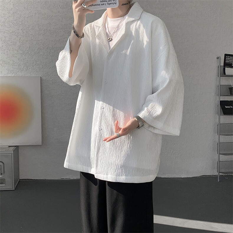 现货CS1136-P35控58新款夏七分袖戗驳领衬衫大码冰丝速干短袖,男装T恤,电商A059