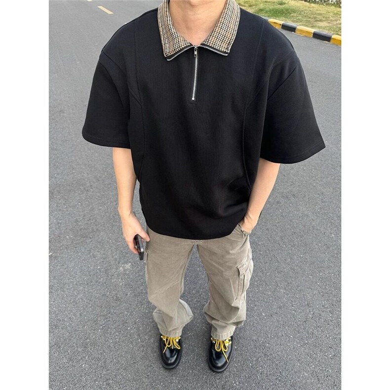 【有货】DT2506-P40千鸟格拼接短袖polo衫男夏季老钱风重磅半袖t,男装Polo衫,星座603-2