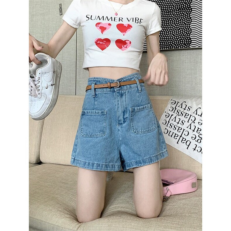 美式复古做旧牛仔短裤女高腰宽松显瘦春季新款ins百搭a字牛仔短裤，女装牛仔裤，星座506A