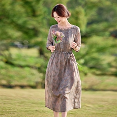 2026年春季短袖苎麻文艺/优雅连衣裙，女装连衣裙，江南依恋