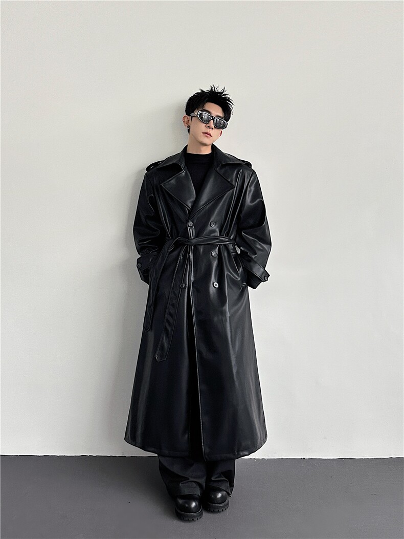 26春夏男士设计感双排扣痞帅绑带pu皮长款风衣外套mj1107-p188,男装风衣,电商B288
