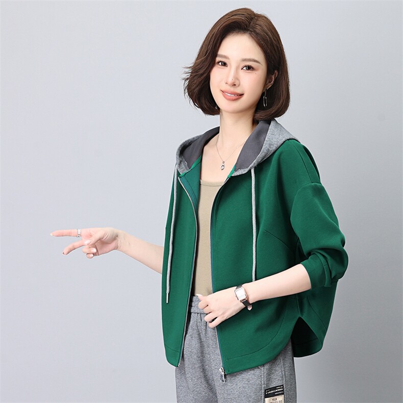 时尚气质休闲宽松撞色插肩袖连帽上衣女外套,女装短外套,依恋蒂丝