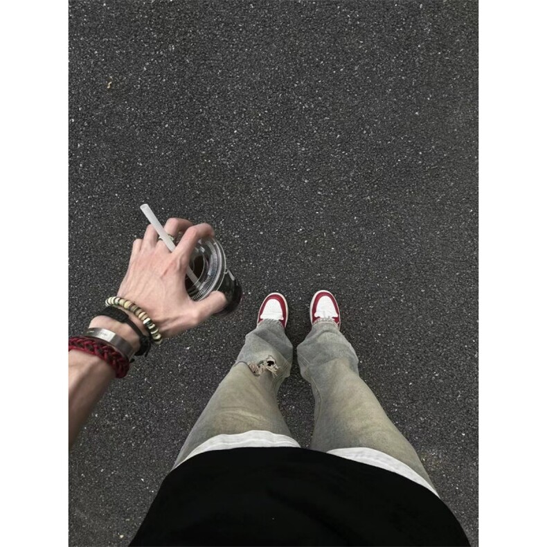 水洗泥黄破洞牛仔裤男直筒微喇cleanfit高街vibe裤子美式006P55,男装牛仔裤,电商D256A(原A064A)