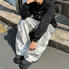 美式水洗3D印花设计牛仔裤男秋季复古百搭宽松直筒拖地裤子潮，男装牛仔裤，星座506A