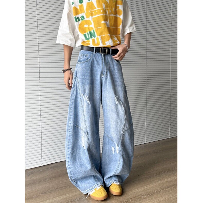美式复古水洗破洞牛仔裤潮牌宽松设计感百搭牛仔裤图片