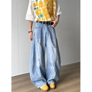 美式复古水洗破洞牛仔裤潮牌宽松设计感百搭牛仔裤图片