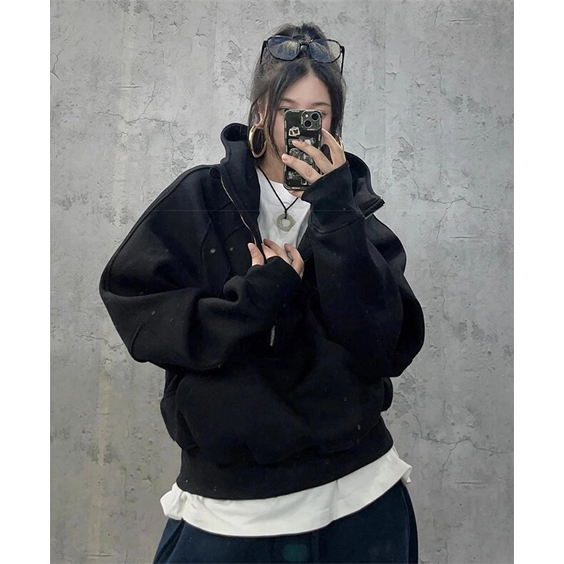 抖音得物二开美式重磅宽松结构拉链设计防风高领连帽卫衣外套W76,男装卫衣,电商A486-1