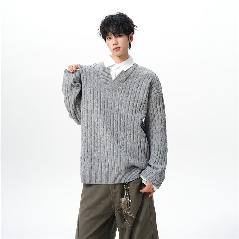 假两件衬衫领毛衣男秋冬宽松慵懒风韩系麻花针织衫外套MY19003P78，男装针织衫/毛衣，电商B312