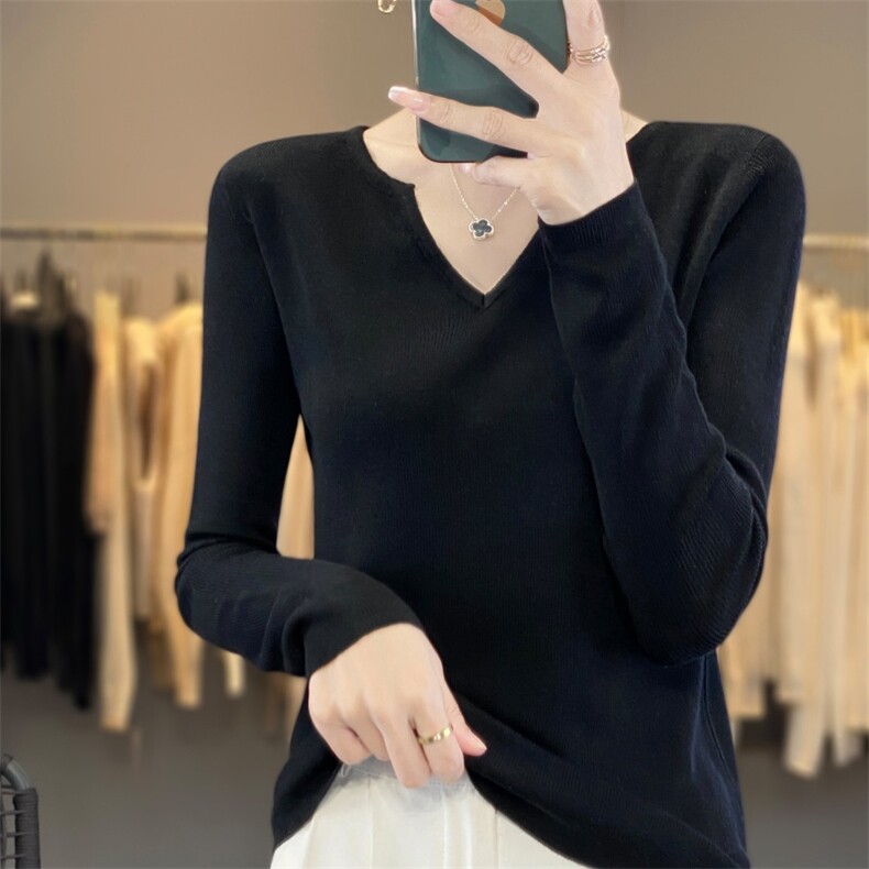 修身显瘦半开V领针织衫女春秋薄款韩版长袖t恤简约内搭毛衣打底衫图片