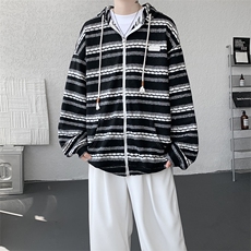 8XL-M潮情侣美式磨毛编织条纹针织衫卫衣宽松拉链外套WY30P88，男装针织衫/毛衣，电商D206-1