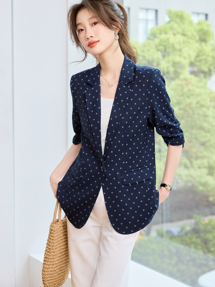 现货！！！！！！棉麻波点西装外套五分袖~,女装短外套,素月