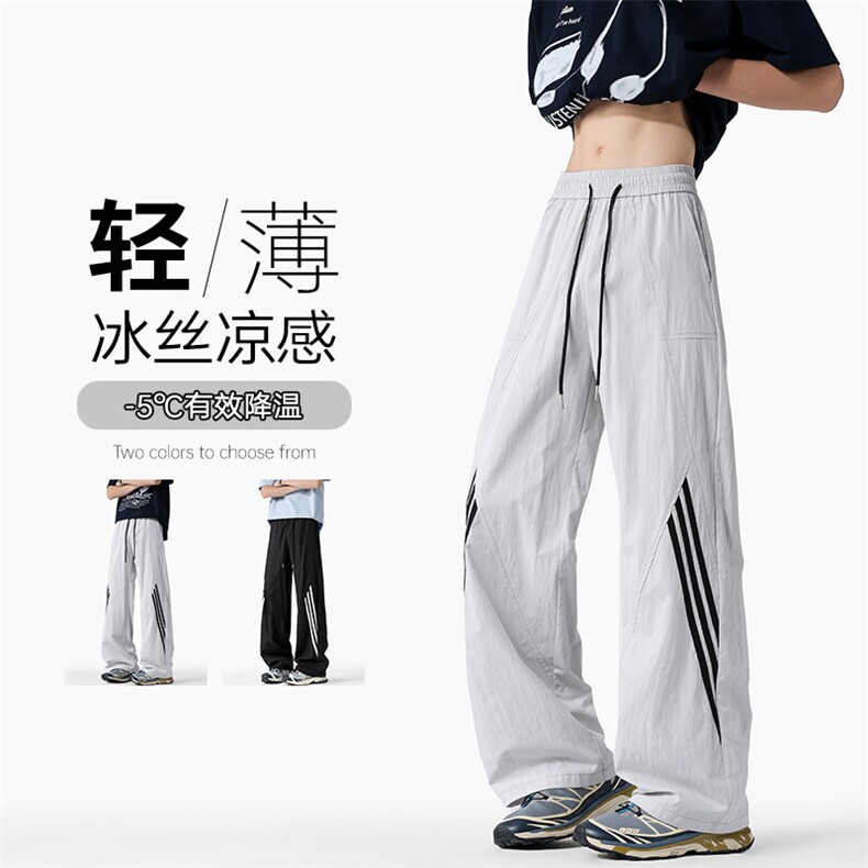 特批P25无差价夏季潮流薄款冰丝三条杠运动宽松阔腿裤男K5796B图片