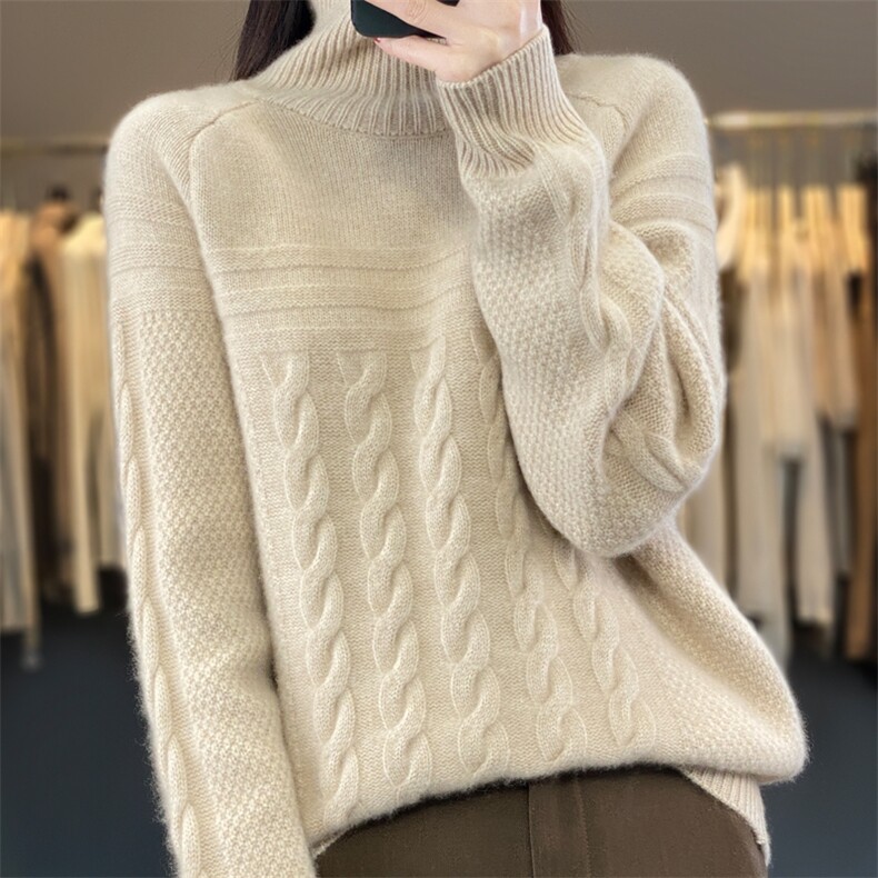100%纯羊毛衫女高领加厚麻花针织毛衣宽松慵懒羊绒衫长袖打底上衣,女装羊毛衫,隆格羊绒