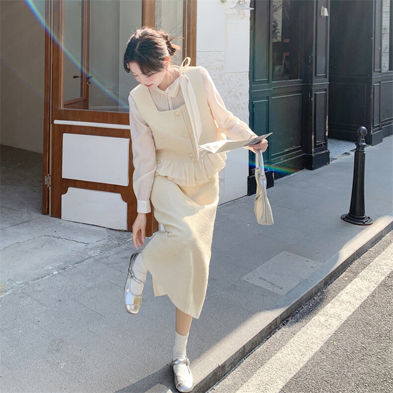 现货-2026年春季新款法式千金感蕾丝裙摆马甲半身裙三件套,女装套装/套裙,霓裳依族