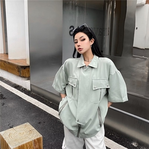 拉链衫男女短袖夏季潮牌潮流宽松山系机能工装衬衫半袖t恤-C1088图片