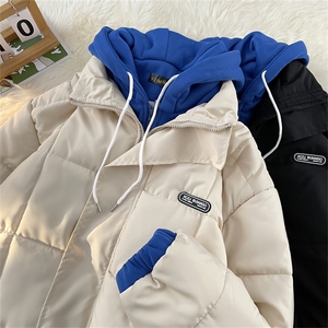 F20-P76 冬季潮流百搭面包服外套假两件棉服男港风bf拼接连帽棉衣图片