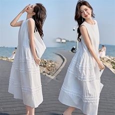 BAO韩系木耳边圆领层次无袖女2025夏季新款减龄显瘦加包包背心裙，女装连衣裙，江南女神