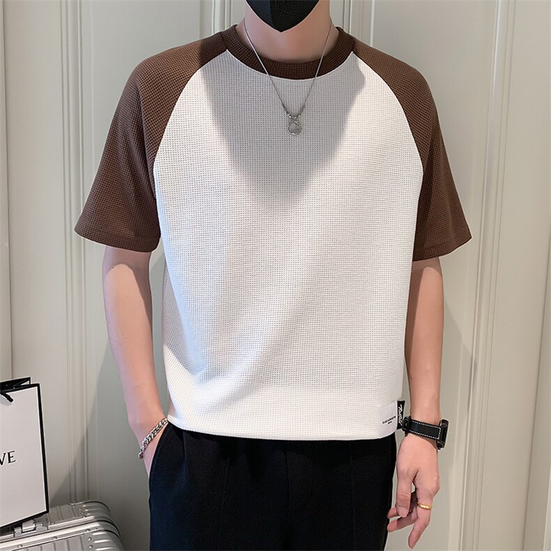 2025新款夏季短袖T恤男潮牌华夫格拼接半袖体恤A313-1-32342-P38,男装T恤,电商A313-1
