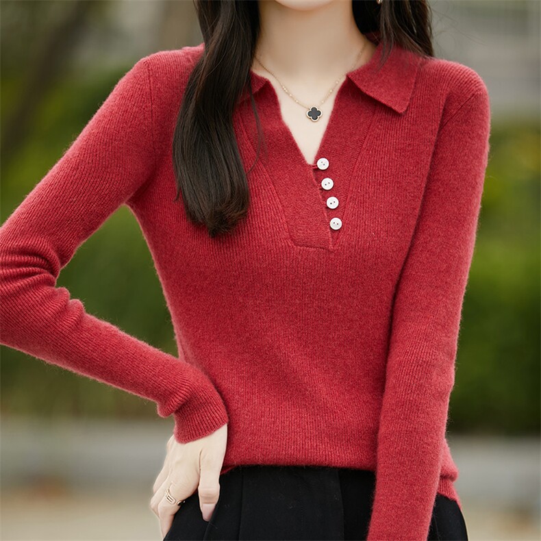 POLO领100%纯羊毛衫女坑条纽扣长袖针织衫毛衣宽松羊绒衫打底上衣,女装羊毛衫,绒汀羊绒