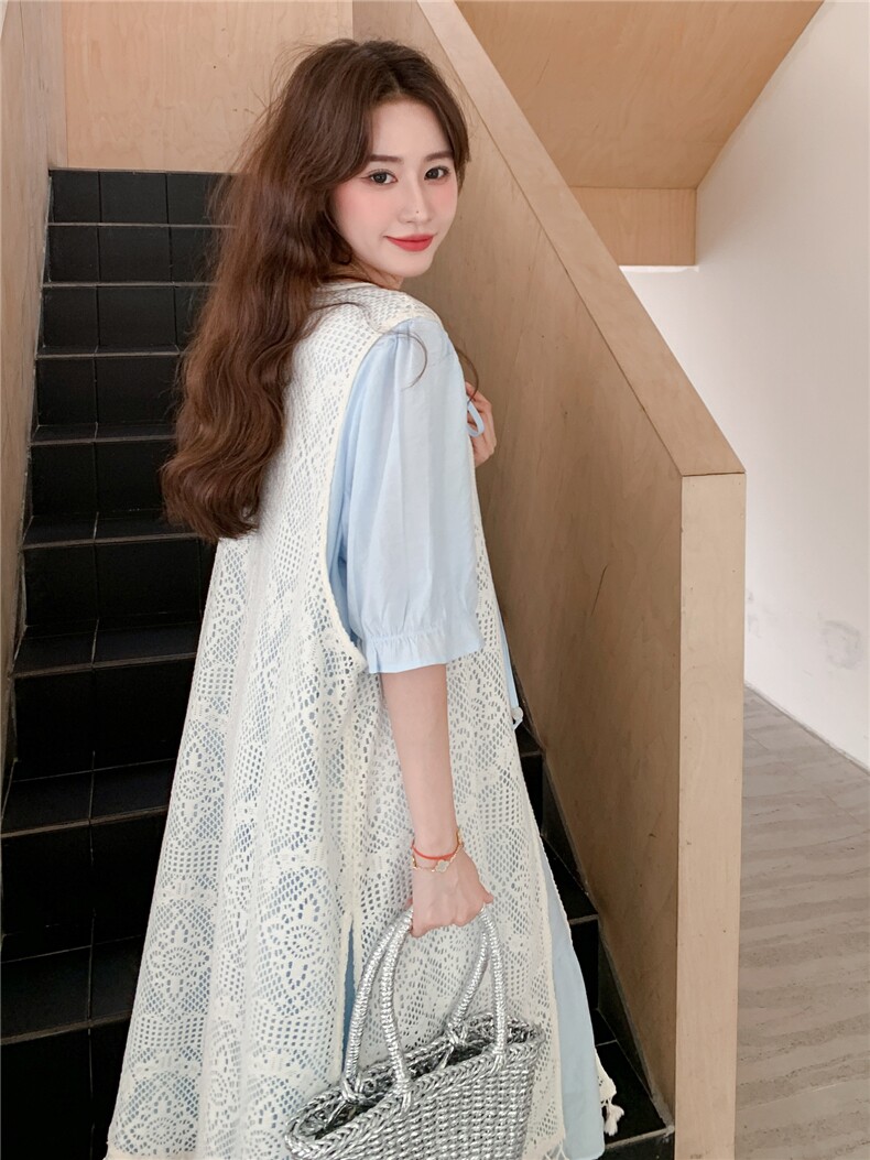 甜美减龄蕾丝镂空罩衫连衣裙套装女夏2025新款法式叠穿长裙两件套,女装套装/套裙,慧尚2-185