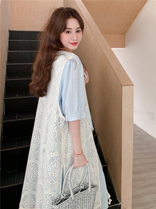 甜美减龄蕾丝镂空罩衫连衣裙套装女夏2025新款法式叠穿长裙两件套图片