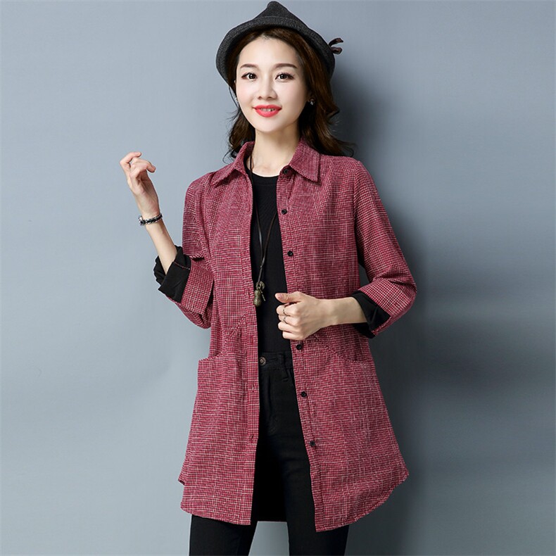格子衬衫女长袖中长款加厚时尚休闲2021冬新款宽松加绒衬衣外套,女装衬衫,风姿绰