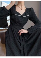 秋季新款韩版时尚修身淑女气质高雅珍珠领连衣裙，女装连衣裙，荷塘月色