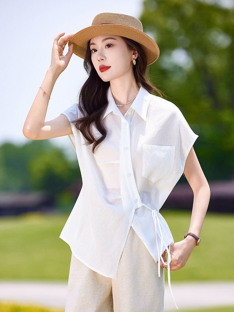 时尚休闲女夏季薄款2025新款高级感减龄短袖衬衫阔腿裤,女装衬衫,靓衣阁