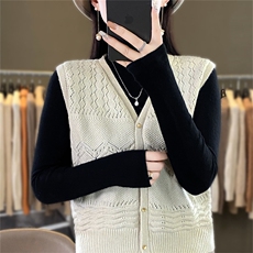 时尚女装V领无袖针织背心优雅百搭仿羊毛马甲外套，女装马甲，暖姿羊绒